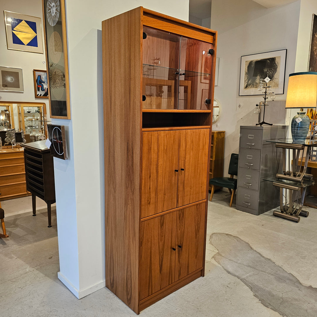 Narrow Teak Lighted Media Cabinet