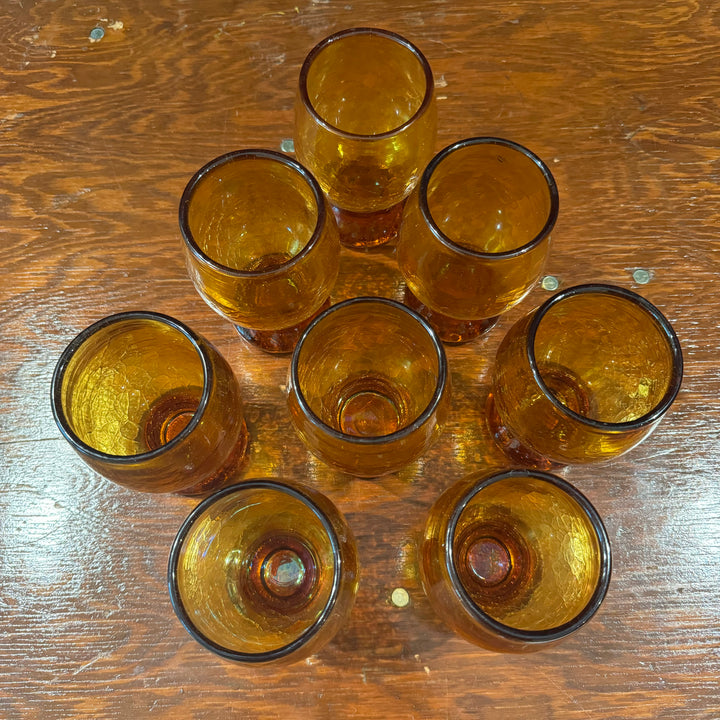 Set of Eight Blenko Amber Crackle Aishball Glasses