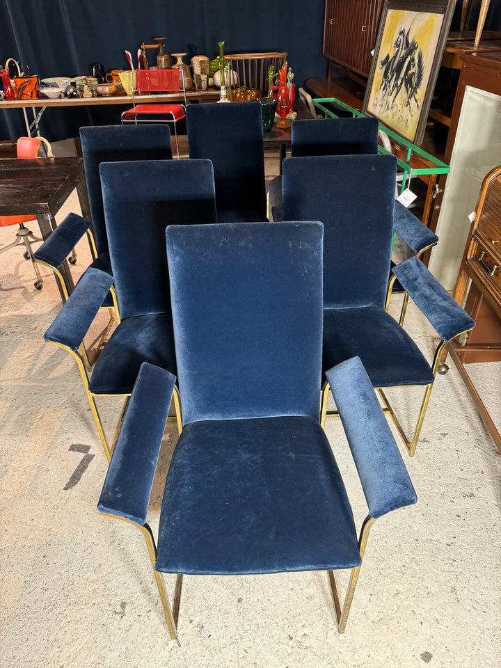 (6) Baughman Style Blue Velvet Upholstered Dining Chairs